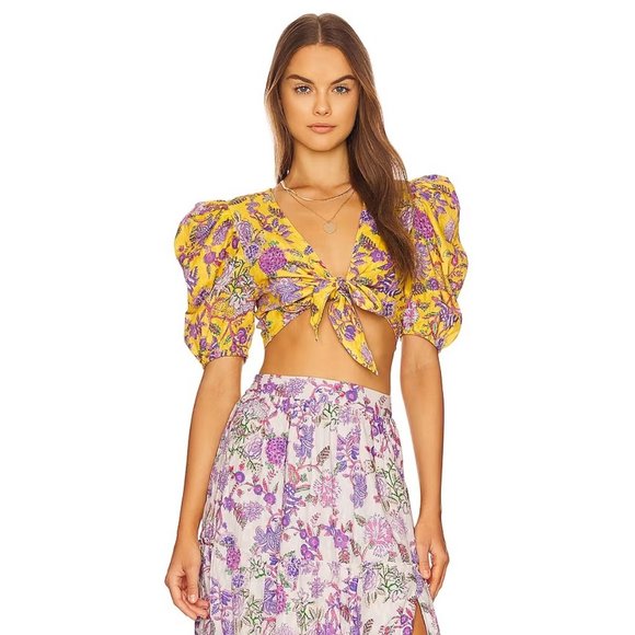 Hemant and Nandita Dhea Crop Top Tie-Front Canary Yellow Boho Floral Casual sz L - Picture 1 of 8